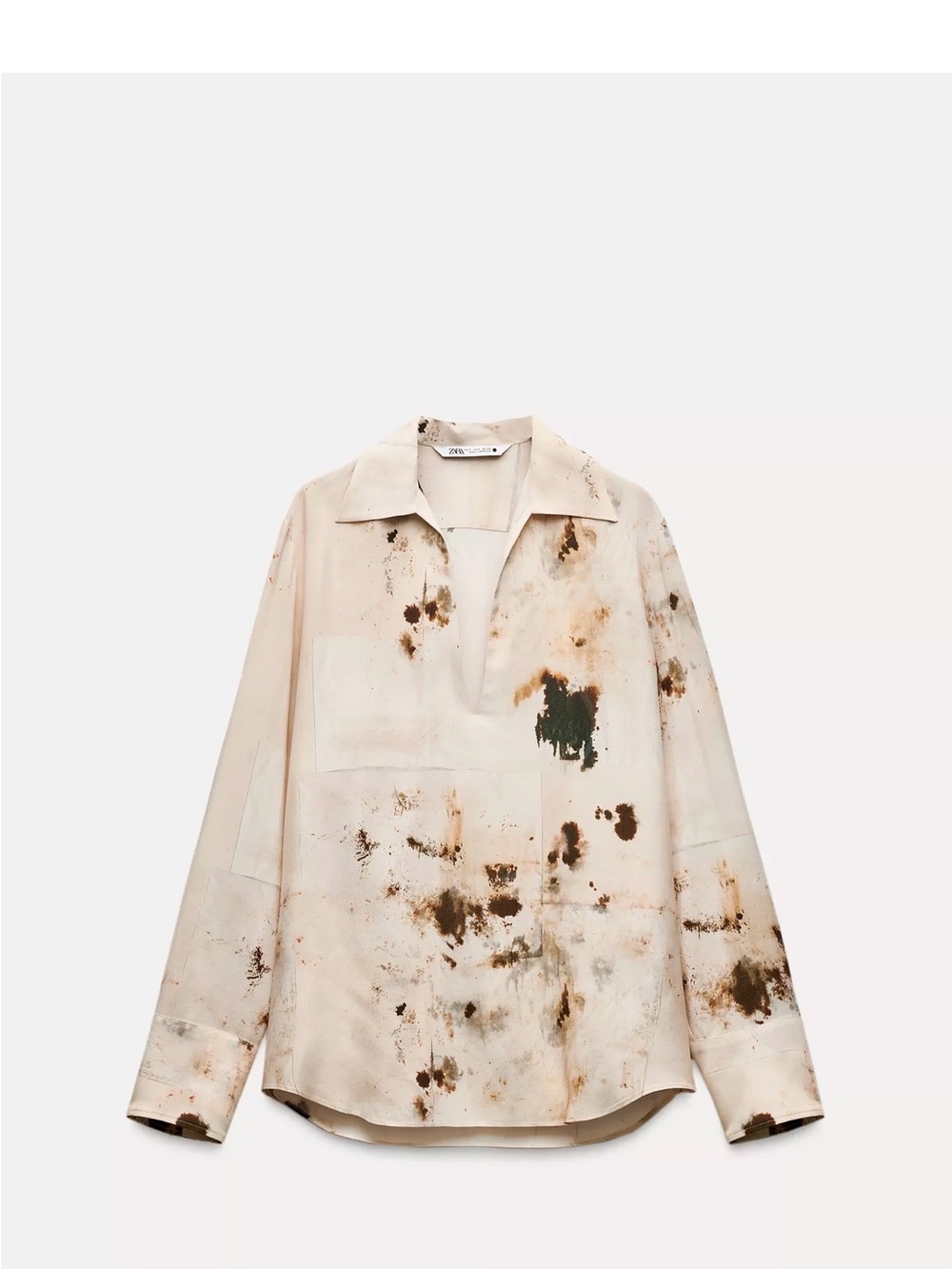 Zara Cream Button-Down Shirt with Brown and Olive Print